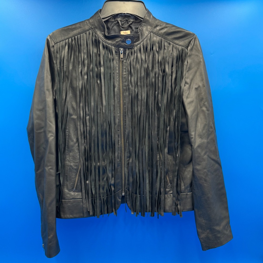 Reba Black Sheep Leather Fringe Moto Jacket Womens Small Western Biker Zip Front